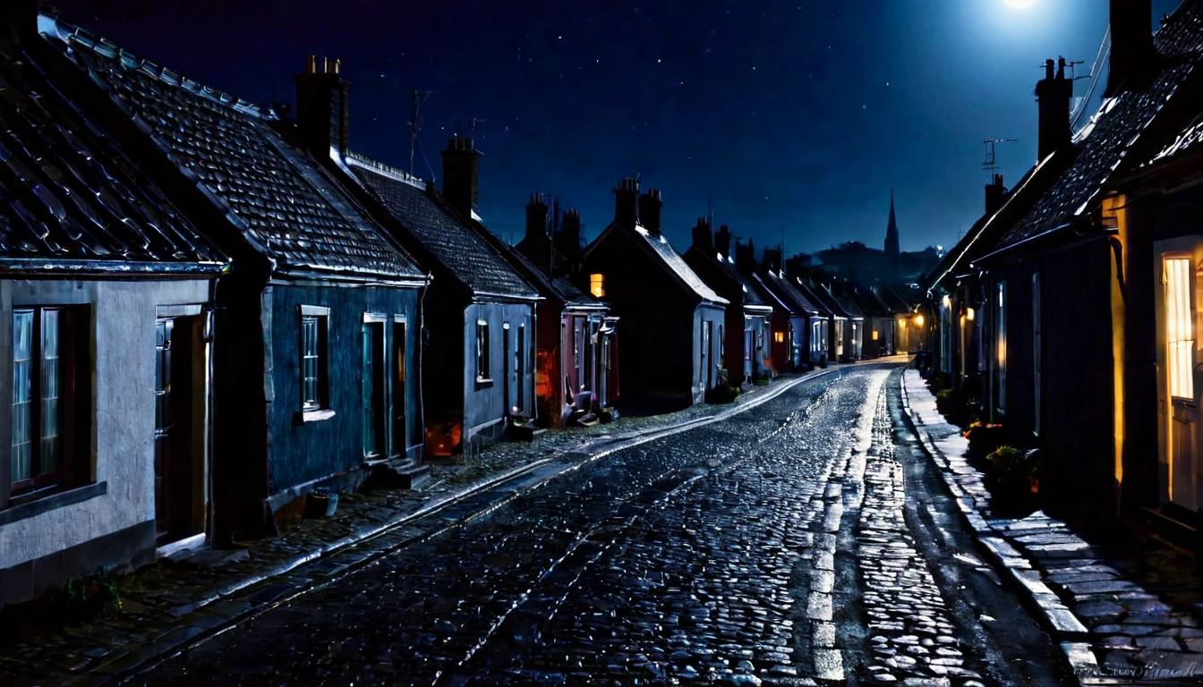 awakened street, several houses, dark night