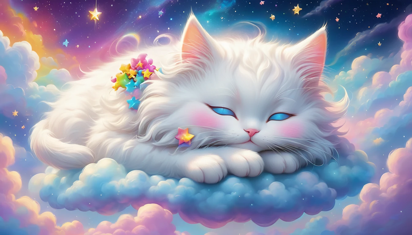 There is a white cat sleeping on a cloud with stars in the background, Lisa Frankによるコンセプトアート, Trending on CGSociety, fur art, Dream animal cute eyes, Adorable digital painting, Beeple and Jeremiah Kettner, Cute and detailed digital art, Cute digital art, Lisa Frank, Lying in the fairyland of white clouds, Sweet dreams, A dreamlike night, Dreamy Art
