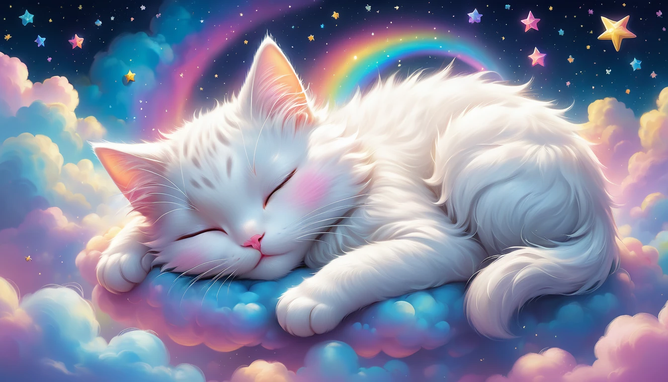 There is a white cat sleeping on a cloud with stars in the background, Lisa Frankによるコンセプトアート, Trending on CGSociety, fur art, Dream animal cute eyes, Adorable digital painting, Beeple and Jeremiah Kettner, Cute and detailed digital art, Cute digital art, Lisa Frank, Lying in the fairyland of white clouds, Sweet dreams, A dreamlike night, Dreamy Art