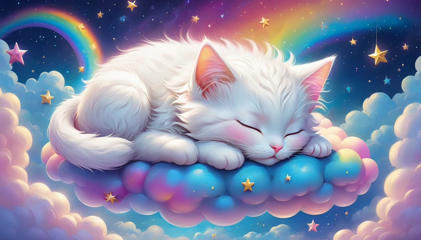 There is a white cat sleeping on a cloud with stars in the background, Lisa Frankによるコンセプトアート, Trending on CGSociety, fur art, Dream animal cute eyes, Adorable digital painting, Beeple and Jeremiah Kettner, Cute and detailed digital art, Cute digital art, Lisa Frank, Lying in the fairyland of white clouds, Sweet dreams, A dreamlike night, Dreamy Art
