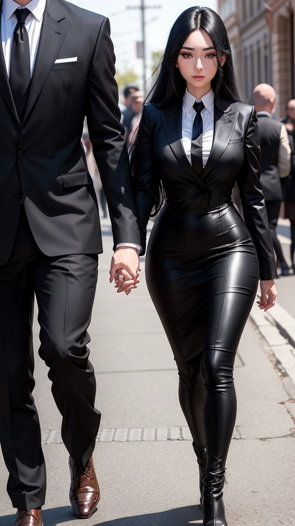 A beautiful woman, 25 years old, in a black dress, with long black hair, a mole on her mouth, and fair skin. She is walking arm-in-arm with a man in a suit. The man&#39;s face cannot be seen.