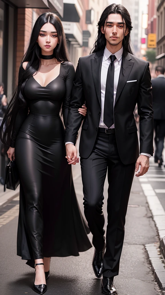 A beautiful woman, 25 years old, in a black dress, with long black hair, a mole on her mouth, and fair skin. She is walking arm-in-arm with a man in a suit. The man&#39;s face cannot be seen.