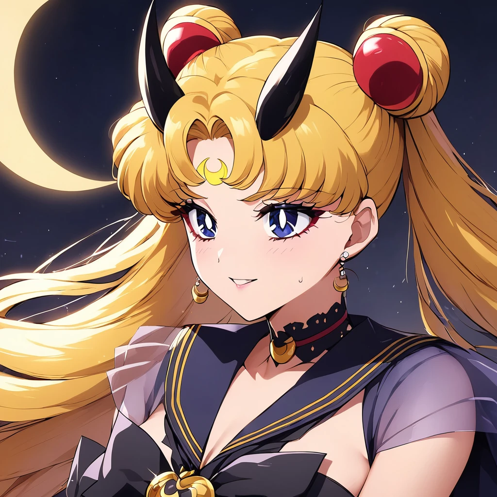 ((Highest quality)), ((masterpiece)), (detailed), (Perfect Face)、The woman is the dark queen of the Black Moon clan, the demon queen Black Serenity, and the woman is the jet-black, sexy demon princess Serenity.、The woman is a jet-black female demon with magnificent devil horns, jet-black devil wings, and a jet-black tail. Her skin is jet-black, and she has a black inverted crescent moon mark on her forehead. She is a devil bride wearing a gorgeous black Gothic Victorian wedding dress and a black wedding veil. She is the jet-black demon Princess Serenity, and has blonde hair with a happy expression as she looks at the camera.2The expression of a girl in love with her long hair tied up、Woman is Black Serenity、Punishment pose on behalf of the moon