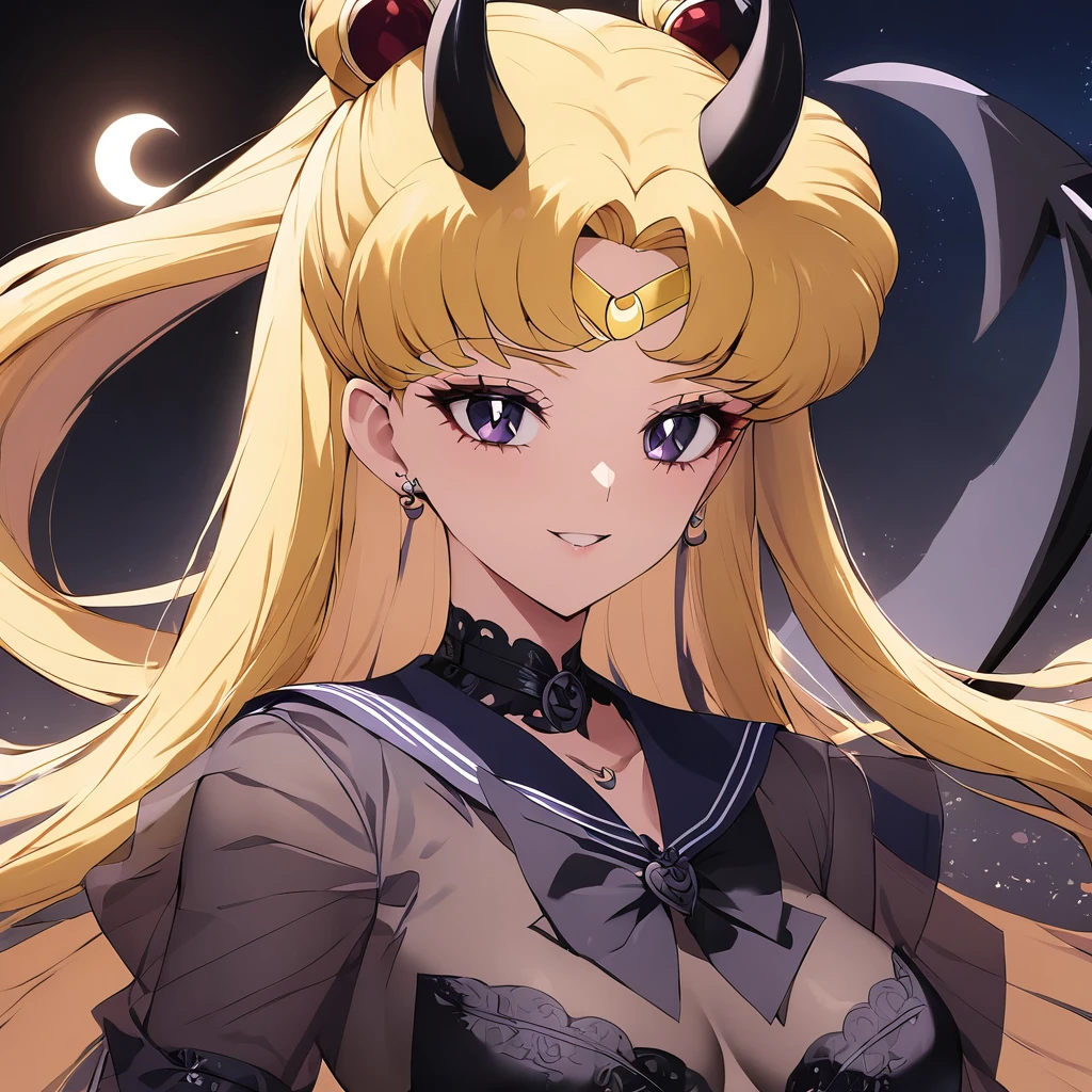 ((Highest quality)), ((masterpiece)), (detailed), (Perfect Face)、The woman is the dark queen of the black moon of the Black Moon clan, a demon warrior of lust and evil, the demon queen, Eternal Devil Queen Sailor Moon, and the woman is the jet-black, sexy female demon, Eternal Devil Queen Sailor Moon.、The woman is a jet-black female demon with magnificent devil horns, jet-black devil wings, and a jet-black tail. Her skin is jet-black, and she has a black inverted crescent moon mark on her forehead. Her gorgeous black skin is visible through her black see-through ta Gothic Victorian wedding dress, black wedding veil, and black see-through cape. She is a jet-black demon, Eternal Devil Queen Sailor Moon, and has blonde hair.2The expression of a girl in love with her long hair tied up、Woman is Eternal Devil Queen Sailor Moon