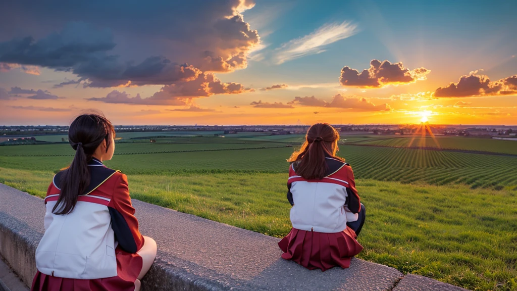 A young Japanese high school girl in uniform, sitting on a concrete levee overlooking open fields, with her bicycle parked beside her. The vivid and dramatic colors of a striking sunset fill the sky above, with hues ranging from deep pinks to fiery oranges streaked with dramatic cloud formations silhouetting power line towers on the horizon. An atmospheric and serene scene blending the everyday with the ethereal beauty of nature.