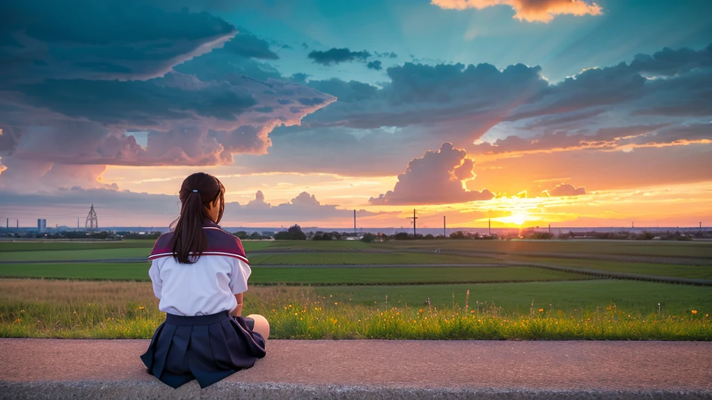 A young Japanese high school girl in uniform, sitting on a concrete levee overlooking open fields, with her bicycle parked beside her. The vivid and dramatic colors of a striking sunset fill the sky above, with hues ranging from deep pinks to fiery oranges streaked with dramatic cloud formations silhouetting power line towers on the horizon. An atmospheric and serene scene blending the everyday with the ethereal beauty of nature.