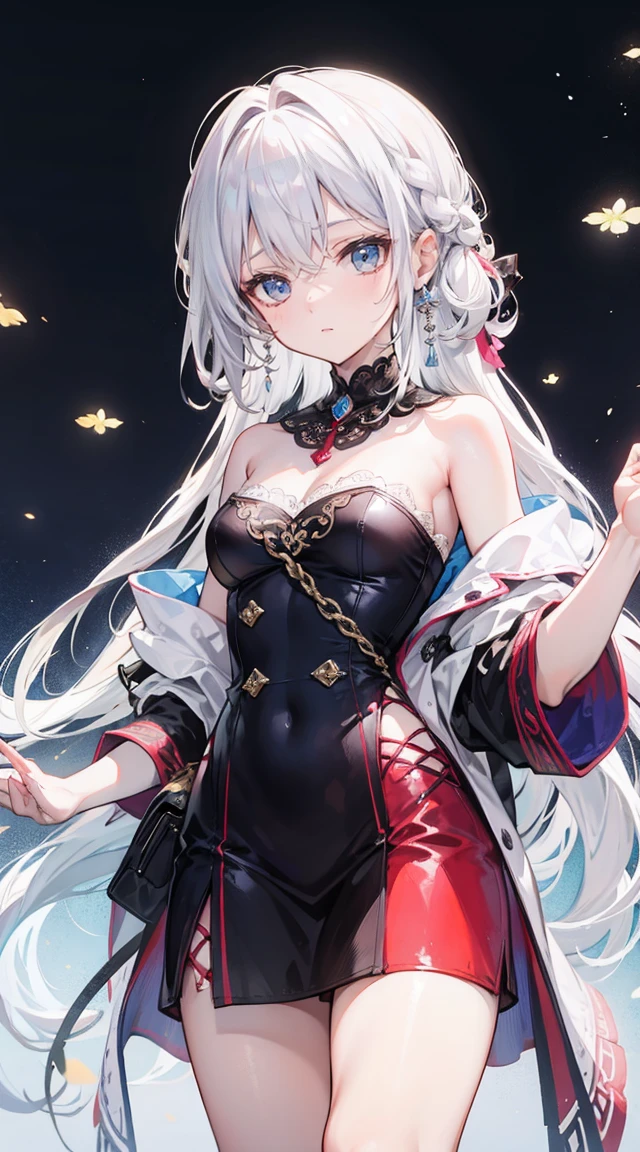 beautiful woman,Folk Girl,Long, white hair with blue eyes,I have a long braid on the right side.,Wearing a strapless white nobleman's robe.,open shoulder,wearing a white coat,countryside,countryside,beautiful scenery,European Middle Ages,smile with teeth,forehead,forehead exposed,big tits,rift, (princess),(2 young women ,beautiful woman)