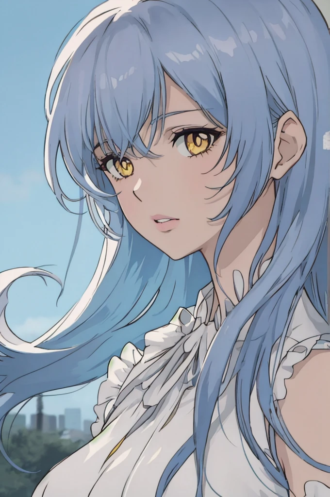 anime style, 1girl, light blue hair, long hair, yellow eyes, white sleeveless dress, light purple sleeves, lips,, portrait,,