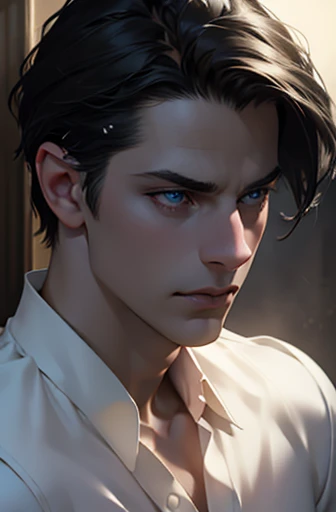 1male with black hair, blue eyes, and pale skin, 31 years old, (best quality,4k,8k,highres,masterpiece:1.2),ultra-detailed,(realistic,photorealistic,photo-realistic:1.37),cinematic lighting,dramatic lighting,intricate details,porcelain skin,elegant,serene,thoughtful expression,atmospheric,moody,dramatic shadows,chiaroscuro,neo-renaissance
