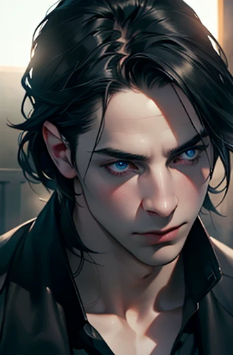 1male with black hair, blue eyes, and pale skin, 31 years old, (best quality,4k,8k,highres,masterpiece:1.2),ultra-detailed,(realistic,photorealistic,photo-realistic:1.37),cinematic lighting,dramatic lighting,intricate details,porcelain skin,elegant,serene,thoughtful expression,atmospheric,moody,dramatic shadows,chiaroscuro,neo-renaissance