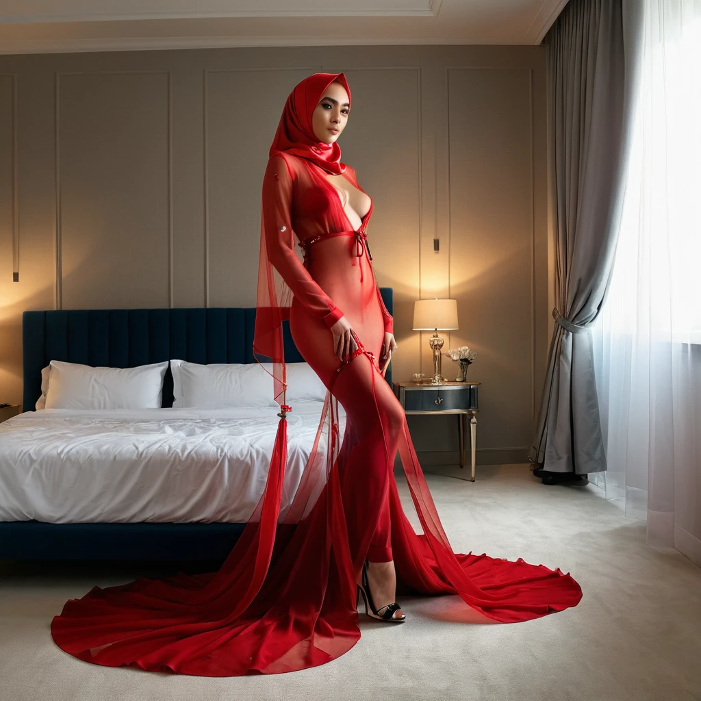 a woman in the translucent silk red gown, tight full body tied, satin sheet, nipple on with nipple piercing, wearing translucent veils, faceless, face cover with satin veil, satin hijab, full body, long satin,mermaid tight long gown, flowy dramatic long gown, tall women, satin bed, strugle to walk, wear high heels, satin bed, masterpice 