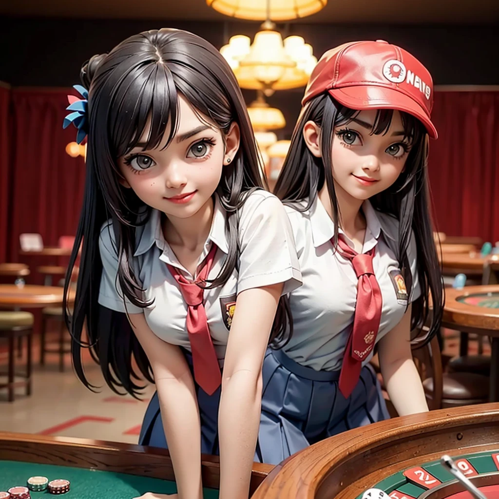 ((best quality)), ((masterpiece)), (detailed), happy and smile, {{indonesian girl}}, {wearing high school uniform}, teasing and waiting customer play, standing, playing in casino, red casino background, polite and kind, Sweet Face, roulette table, poker table, big slot machines right and left, win jackpot, {{no headwear, no hat}}, private casino, crowded gambling area in background, so crowded, so many people, las vegas, american, illusions, halloween casino, dont wear hat, no headwear, no hat, together with thailand and vietnam girl