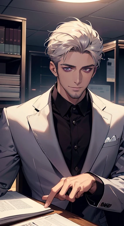 (best quality, masterpiece, 8K, photorealistic, cinematic lighting, hdr image, ultra detailed, beautiful image), 1 man, 31 years old, mature man, very handsome, (without expression, smile), short white hair, purple eyes ( penetrating gaze), perfect face without errors, imposing posture, without errors, businessman, office background