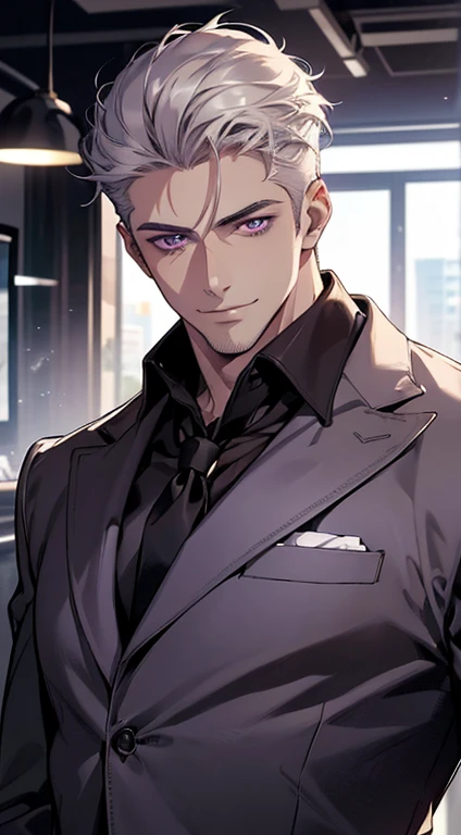 (best quality, masterpiece, 8K, photorealistic, cinematic lighting, hdr image, ultra detailed, beautiful image), 1 man, 31 years old, mature man, very handsome, (without expression, smile), short white hair, purple eyes ( penetrating gaze), perfect face without errors, imposing posture, without errors, businessman, office background