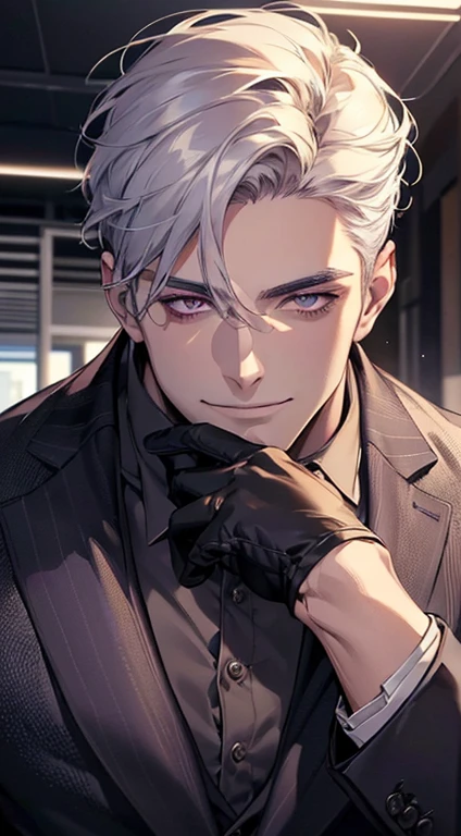 (best quality, masterpiece, 8K, photorealistic, cinematic lighting, hdr image, ultra detailed, beautiful image), 1 man, 31 years old, mature man, very handsome, (without expression, smile), short white hair, purple eyes ( penetrating gaze), perfect face without errors, imposing posture, without errors, businessman, office background