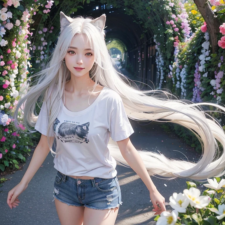 Walking through a tunnel of flowers, Colorful flower tunnel Windy weather, White Wolf、 ((Highest quality、masterpiece、8K、Best image quality、Ultra-high resolution、Award-winning works)、(Accurate anatomy:1.1)、(Look at me and smile:1.1)、Shining fair skin with Ultra-high resolution、The most detailed face、Ultra-high resolution detailed face、Short, flowing white hair 、Beautiful face drawn in every detail,T-shirt and shorts, Modest chest , A real wolf next to a girl 