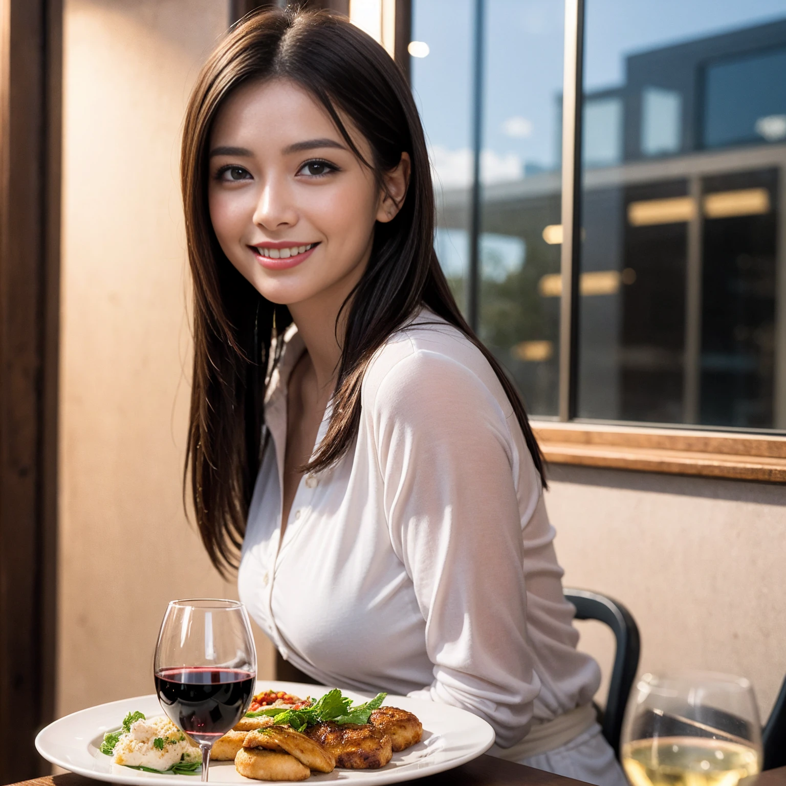 ((Highest quality、8K、masterpiece:1.3))、1 male 1 female、slimなカップル、pinkの恋人、beautiful couple、The body is slim、((Bob Hale、Straight hair:1.2)), (Realistic, Intricate details:1.2), フルコースディナーテーブルの上のwine glass、Shine light on your face、 Amazing view of the sunset sky and clouds、A bright smile、The wonderfulness of smile、Bright image、The beauty of wine, Beautiful Face, blue eyes, The light shines on your face, Blushing, short hair,Bright Face、 (Age 37), 39 years old, red wine 、Appetizers、Italian food、Wine bottle、Champagne、sparkling wine、Two beauties、Brown Hair、Shortcuts、Long sleeve shirt、dress、Beautiful woman 1, (slimな顔), (The body is slim), (Brown Hair), (Shortcuts), cheeks turn a little red,Attractive beauty、restaurant, In a prominent place (From the waist up) Nova Frog Style, actress, model, Upper Body, White wine, slim, wine glass, 中央に置かれたwine glass, smile, (smile: 1.15), Beautiful fine grain, Depth f/2,saturation, High Contrast, Strong light and shadow,Moist Body:1.5、3D texture、Delicate eyes、Brown Hair、The hair is very shiny、pink