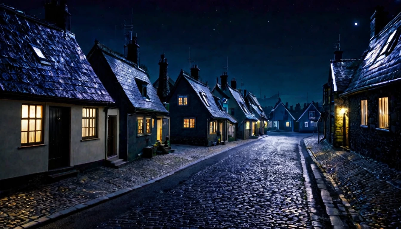 awakened street, several houses, dark night