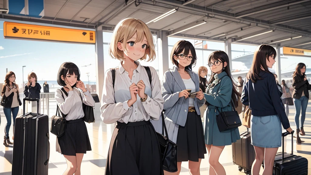 Girls with suitcases, their faces radiating a pretty and cheerful demeanor, are meticulously preparing to board their travel plane. Dressed in casual yet chic outfits, their hair gently dancing in the mild airport breeze, they exude a sense of excitement and anticipation. One of them might be adjusting her glasses, while the other is double-checking her passport, both smiles never leaving their faces. Their suitcases, nestled neatly beside them, are filled with memories and expectations of their upcoming journey.