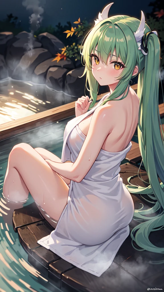 (Full moon night), Back view, Autumn leaves, onsen, (Wrapped in a bath towel:1.4), (Steam rising:1.3), (Unbroken Hand:1.2), highest quality, 4K, (High resolution:1.3), masterpiece: 1.2, Super detailed, HDR, Studio Lighting, Sharp Focus, Bright colors, Portrait, Warm tones, Soft Lighting, Kiyohime, green hair, white horns, cloudy yellow eyes, long hair,