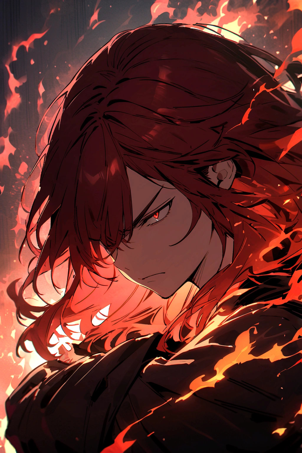 Teenage boy, serious face, tidy hair, long hair, hair with bangs covering the left eye, multicolored black and red hair, crossed arms, dark red shirt, baggy black red coat with details, fiery aura