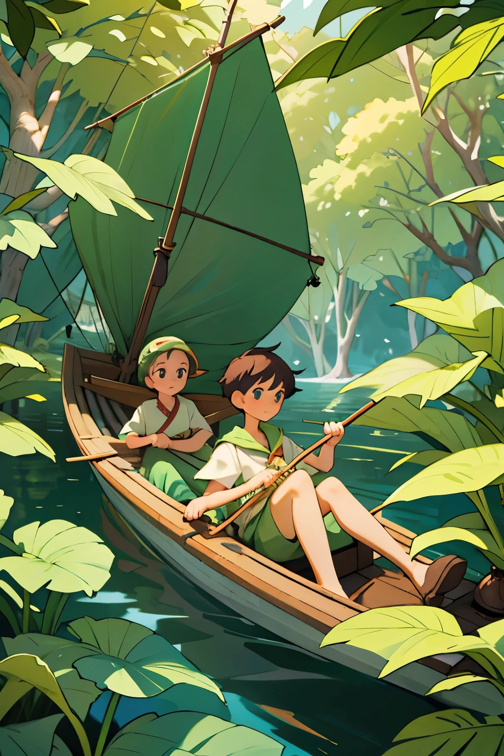 In the heart of an enchanted forest, a towering young lad and his companions find an extraordinary leaf as large as a sailboat. With childlike excitement, they climb aboard and harness themselves, ready to embark on an unforgettable journey. Dressed in their boating attire, they grip the leaf's edges as if sailing on the open sea. The wind gently rustles their hair like waves, while the lush green canopy above casts dappled sunlight upon their faces. The boy at the helm, gazing towards the horizon, orchestrates their duo and the group of friends, skillfully steering the leaf-boat over the shimmering waters of the forest floor