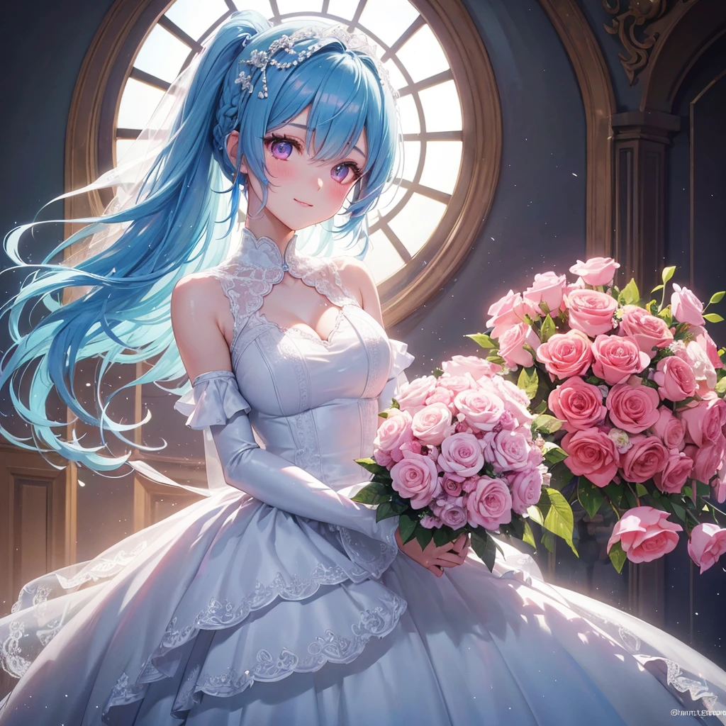 Sky blue hair, (Braided Ponytail),(Pink Eyes),Fair skin ,(whole body),(One girl),bride,A big smile,Straight bangs, 6月のbride,Wedding dress,(masterpiece, Highest quality, Very detailed, Best Shadow), (Detailed Background), (Beautifully detailed face), High Contrast, (Best lighting, Very delicate and beautiful), ((Cinematic Light)), colorful, Hyper Detail, Dramatic Light, Intricate details,Chapel background,Bouquet of roses