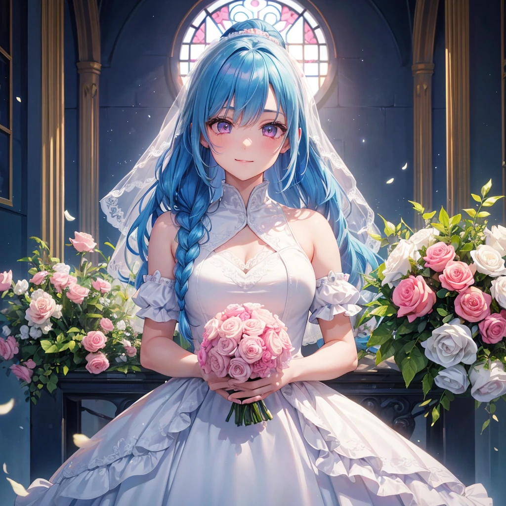 Sky blue hair, (Braided Ponytail),(Pink Eyes),Fair skin ,(whole body),(One girl),bride,A big smile,Straight bangs, 6月のbride,Wedding dress,(masterpiece, Highest quality, Very detailed, Best Shadow), (Detailed Background), (Beautifully detailed face), High Contrast, (Best lighting, Very delicate and beautiful), ((Cinematic Light)), colorful, Hyper Detail, Dramatic Light, Intricate details,Chapel background,Bouquet of roses