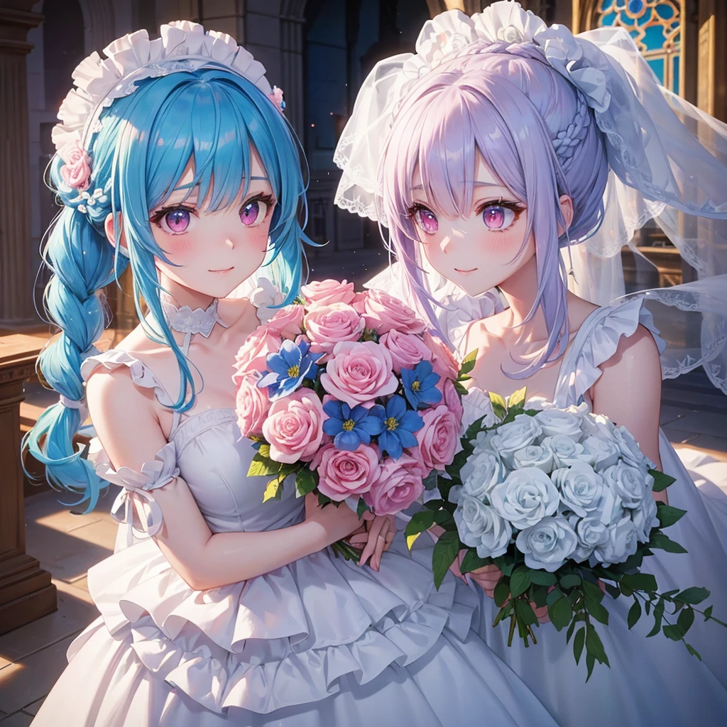 Sky blue hair, (Braided Ponytail),(Pink Eyes),Fair skin ,(whole body),(One girl),bride,A big smile,Straight bangs, 6月のbride,Wedding dress,(masterpiece, Highest quality, Very detailed, Best Shadow), (Detailed Background), (Beautifully detailed face), High Contrast, (Best lighting, Very delicate and beautiful), ((Cinematic Light)), colorful, Hyper Detail, Dramatic Light, Intricate details,Chapel background,Bouquet of roses