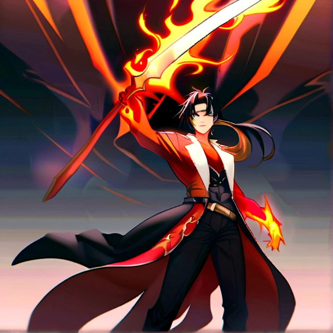 He is a half-dragon and half-human boy with reddish fire powers., with black hair dose, and use an epic sword , your clothing is asthetic and attractive 