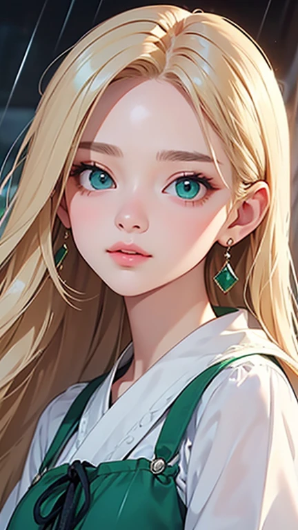 Highest quality、Realistic、girl、zoom、look up、cute、Emerald Eyes、Blonde、Straight hair、Long Hair、Please comb your hair、White blouse、Face close-up、thin、soaked、heavy rain、Bust Shot