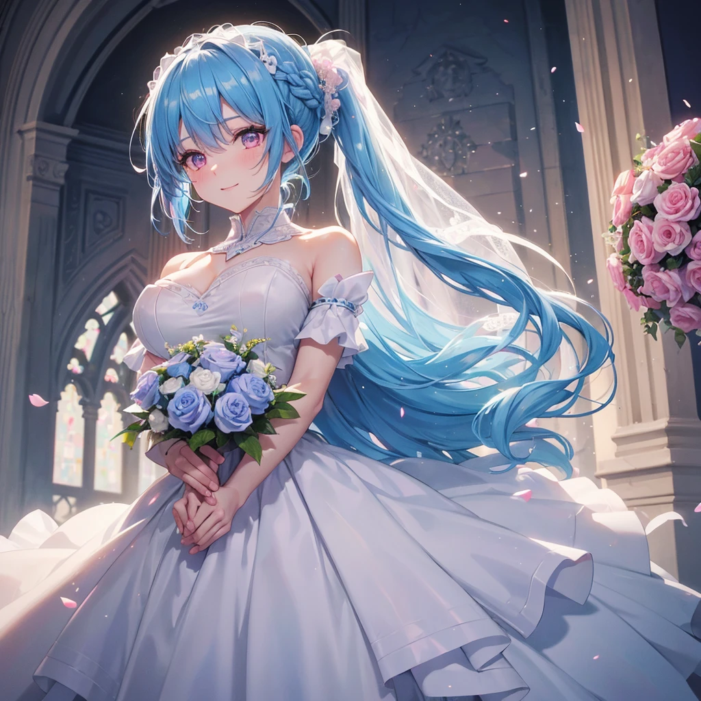 Sky blue hair, (Braided Ponytail),(Pink Eyes),Fair skin ,(whole body),(One girl),bride,A big smile,Straight bangs, 6月のbride,Wedding dress,(masterpiece, Highest quality, Very detailed, Best Shadow), (Detailed Background), (Beautifully detailed face), High Contrast, (Best lighting, Very delicate and beautiful), ((Cinematic Light)), colorful, Hyper Detail, Dramatic Light, Intricate details,Chapel background,Bouquet of roses