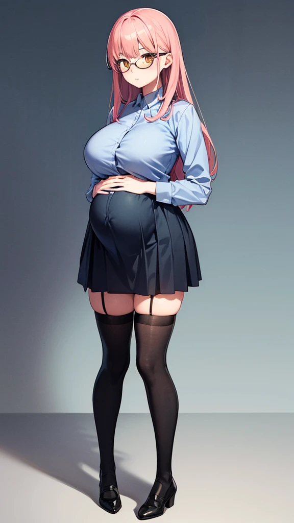 (Full body, glasses, detailed, 1girl), An image of a pregnant girl with pink hair, orange eyes, big breasts. She is wearing a light blue shirt, a black skirt and white thighhighs