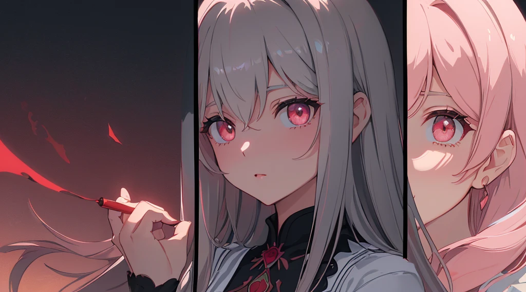 depth of fields、(((dusty-rose color eyes)))、lipstick，(one hair stripe coloured red)、chest、high-heels、long  ((( deep gray coloured hair))、（blacksilk），High detail, Chiaroscuro, Cinematic lighting, color difference, Ray tracing, shadowing, anaglyph, stereograms, Vignetting, Close-up, image fill, Masterpiece, ccurate, Anatomically correct, Super detail, High details, High quality, Best quality, A high resolution, 4K，detail in face