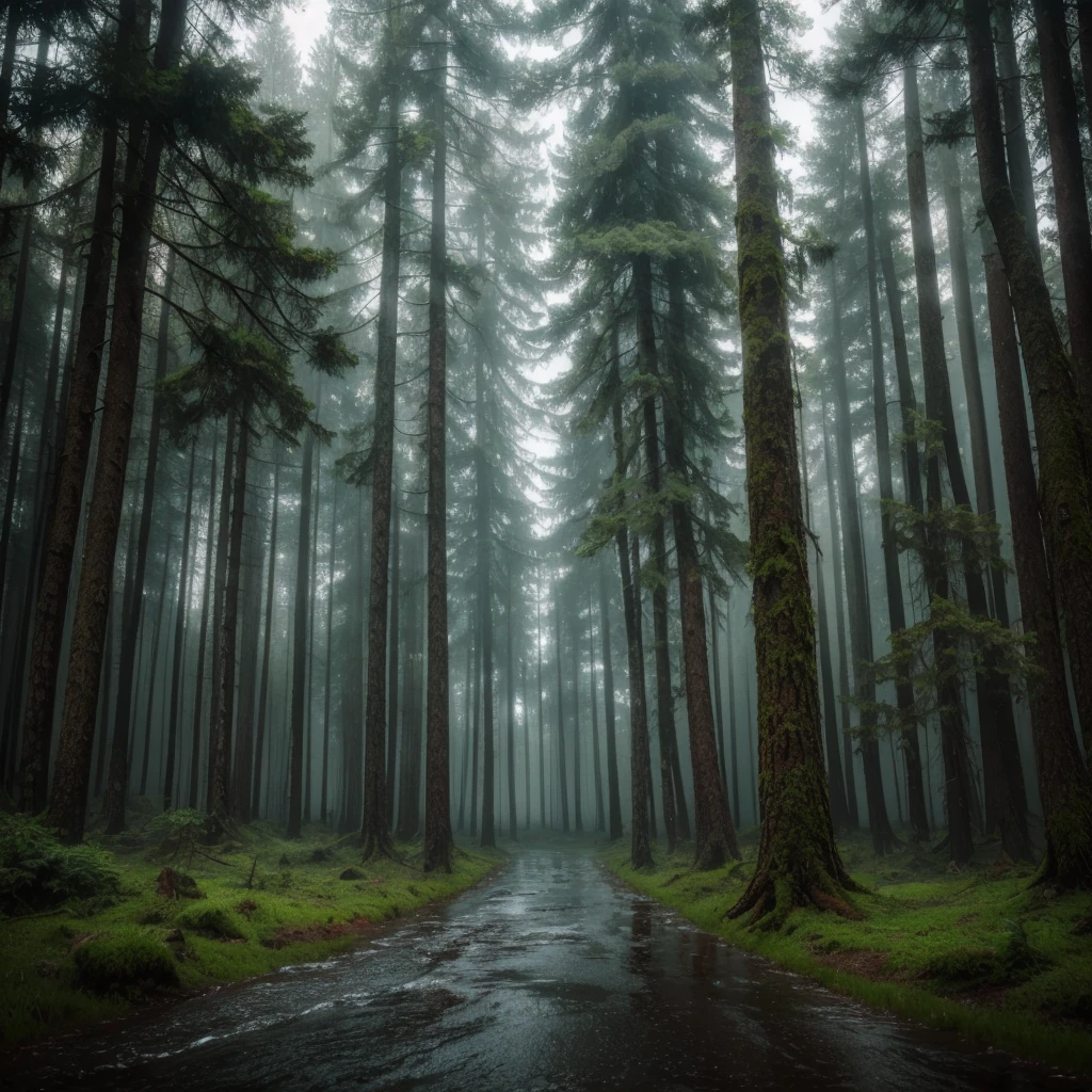 Create a realistic image of a forest landscape with rain