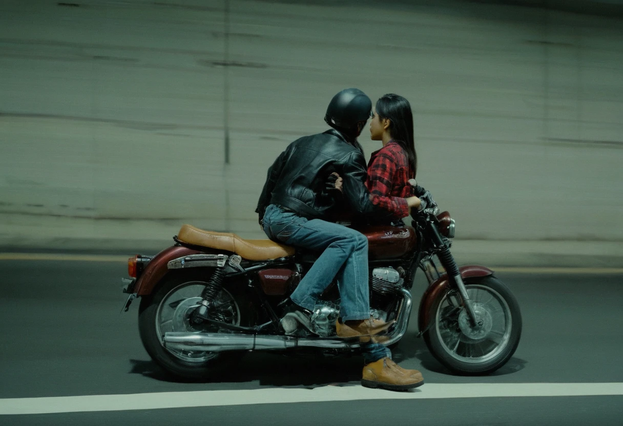 Create an image of two individuals riding a motorcycle. The male in the front should be wearing a dark half helmet, a flannel shirt, and dark gloves. The motorcycle should have a classic design with round headlights and rearview mirrors on both sides. The young female in the back is wearing white shirt and dark skirt with a light-colored open face helmet, and carrying a black backpack with straps over both shoulders. She should be seated behind the first rider, hugging onto the male for stability. The setting is a street under a tunnel at night with dim yellow street lighting casting shadows and creating a moody atmosphere. The camera angle is from the front  capturing the motion of the motorcycle as it moves. Wong Kar Wai color palette