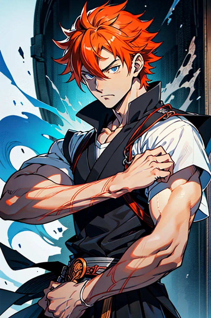(Best Quality:0.8), (Best Quality:0.8), perfect anime illustration, anime boy with orange hair and blue eyes, a character portrait inspired by Kentaro Miura, tumblr, what is?, kentaro miura manga art style, orange hair anime boy, KenTaro Miura art style, handsome boy in Demon Slayer art, kentaro miura manga style, KenTaro Miura art, kentaro miura style, a character portrait inspired by Sakai Hōitsu, trend on pixiv, what is?, handsome boy in Demon Slayer art, anime key art, Romantic, genshin impact zhongli, Nagito komaeda, anime key images., male anime character