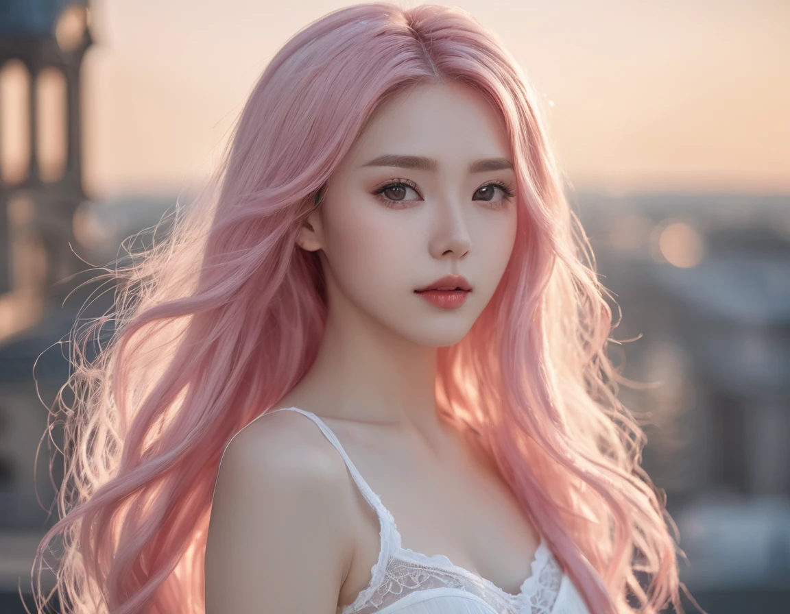 Beautiful woman with long pink hair,8K high resolution,hyper-detailing,Tall and delicate face girental face,Nice hairstyle,Wearing a white skirt,Wear white stockings on the legs(Shows long legs), Slender physique,The character shows the whole body(Standing posture),The character is in the middle, Only 1/8 of the background, with a pure white background。Full image 8K high resolution