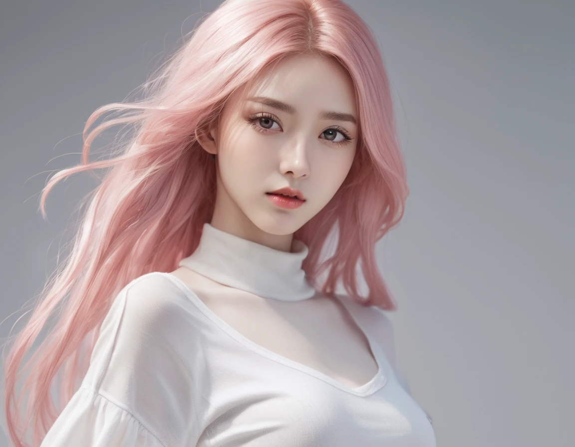 Beautiful woman with long pink hair,8K high resolution,hyper-detailing,Tall and delicate face girental face,Nice hairstyle,Wearing a white skirt,Wear white stockings on the legs(Shows long legs), Slender physique,The character shows the whole body(Standing posture),The character is in the middle, Only 1/8 of the background, with a pure white background。Full image 8K high resolution