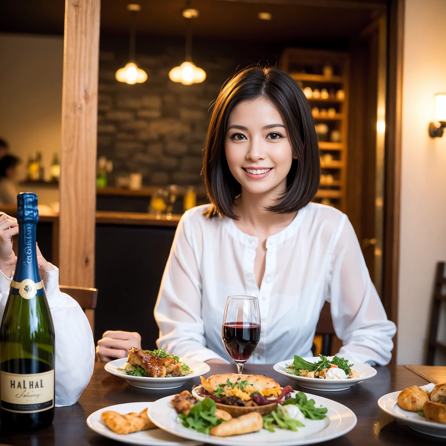((Highest quality、、masterpiece:1.3))、1 male 1 female、Slim lovers、Beautiful couple、Japanese couple、smile、 (Slim face), (the body is スリム), (Brown Hair), (Shortcuts), ((Bob Hale、Straight hair:1.2)), Full course dinner on the table、wine glass、Please shine a light on my face、 Amazing view of the sunset sky and clouds、smileの美しさ、Bright image、Blushing, Shortcuts,Bright Face、 43 years old,39 years old, red wine 、Appetizers、Italian food、Wine bottle、Champagne、sparkling wine、Long sleeve shirt、dress、Attractive beauty、restaurant, Nova Frog Style, actress, model, Upper Body, White wine, red wine, wine glass, 