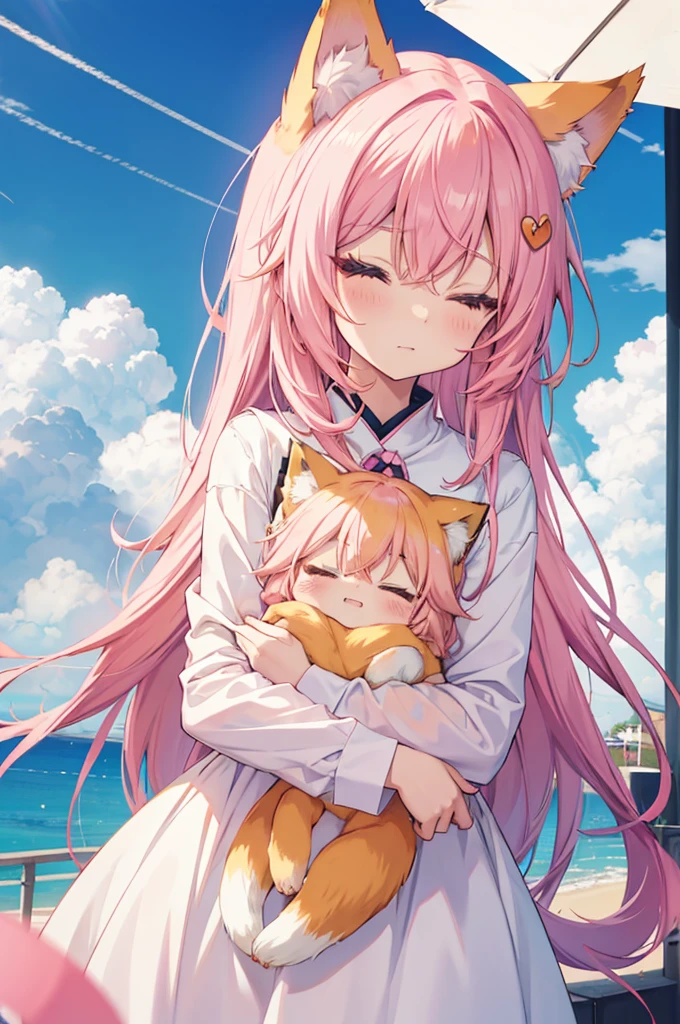anime foxgirl with pink hair and white dress holding a cat, cute anime foxgirl, anime girl with fox ears, chibi, upper body, big head, laugh, and character traits, 9 emojis, 9 emotions, Grieves, astonishment, having fun, sound sleep, big laughter, irate, doubt, Sell moe, angry