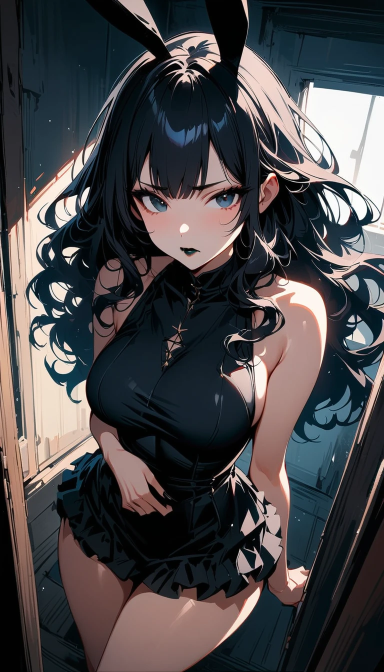 (high quality, 8k, 4K, high contrast, artwork:1.2, high quality, best aesthetics), (dynamic angle), ((1 woman)), erotic, sensual, mature body, super detailed, beautiful face detailed, beautiful eyes detailed, detailed beautiful mouth, sexy body, perfect breats, perfect wide thighs, (long black wavy hair), (black eyes), (serious expression), (penetrating gaze), (black lipstick), (black eyeliner), (black eyeshadow), (black sleeveless dress with long ruffles and low breasts), (thighs exposed), (black bunny ears), (standing), (centered), (looking at the viewer), (penetrating gaze), (inside a bedroom).
