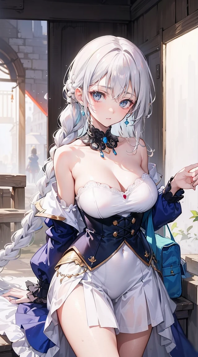 beautiful woman，Folk Girl，Long, white hair with blue eyes,I have a long braid on the right side.，Wearing a strapless white nobleman&#39;s robe.,open shoulder,wearing a white coat，countryside，countryside，beautiful scenery，European Middle Ages，smile with teeth，forehead，forehead exposed，big tits，rift, (princess),(2 young women ,beautiful woman)