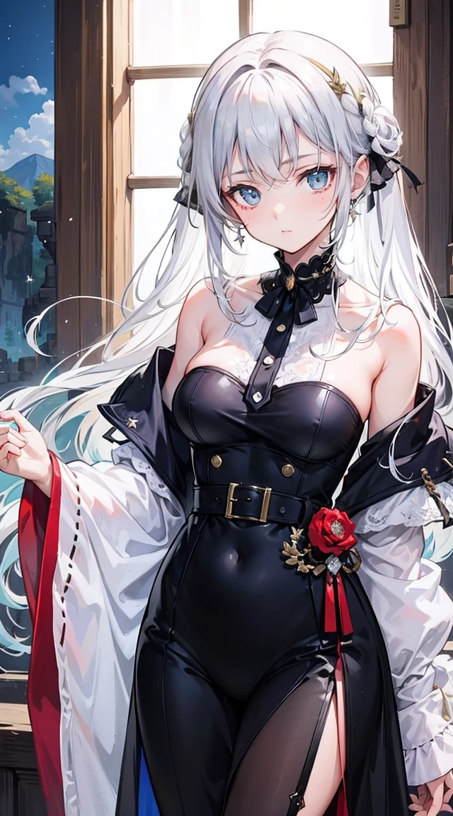 masterpiece, best quality, high resolution, Sa 1, Checked off-the-shoulder dress, black stockings, sparkling eyes, Fake eyelashes,lots of stripes on clothes