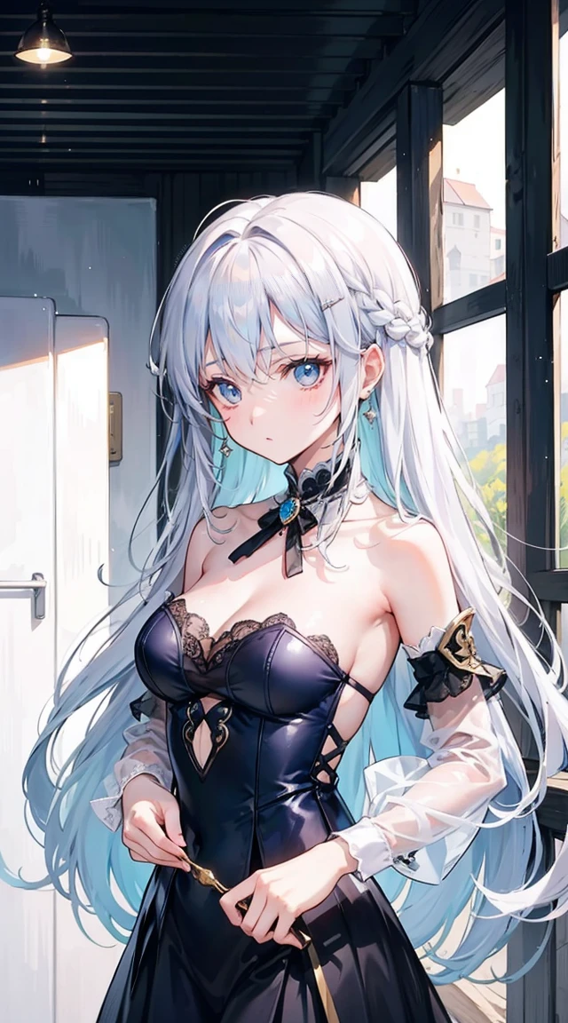 beautiful woman,Folk Girl,Long, white hair with blue eyes,I have a long braid on the right side.,Wearing a strapless white nobleman's robe.,open shoulder,wearing a white coat,countryside,countryside,beautiful scenery,European Middle Ages,smile with teeth,forehead,forehead exposed,big tits,rift, (princess),(2 young women ,beautiful woman)