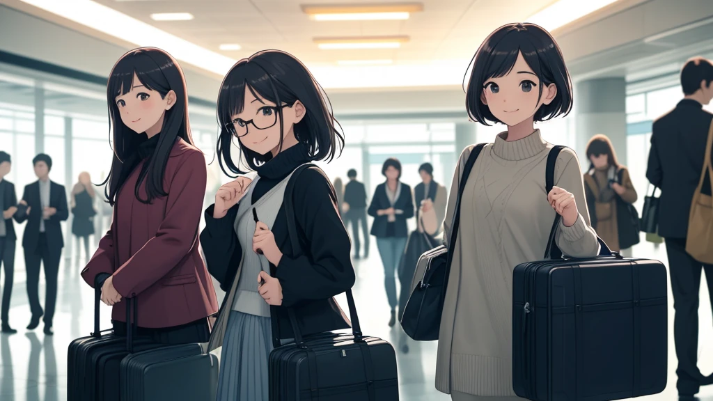 Girls with suitcases, their faces radiating a pretty and cheerful demeanor, are meticulously preparing to board their travel plane. Dressed in casual yet chic outfits, their hair gently dancing in the mild airport breeze, they exude a sense of excitement and anticipation. One of them might be adjusting her glasses, while the other is double-checking her passport, both smiles never leaving their faces. Their suitcases, nestled neatly beside them, are filled with memories and expectations of their upcoming journey.