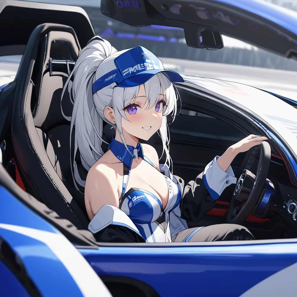 A woman wearing a race queen outfit, blue with white details, blue leather boots, long white hair, race queen hat, purple eyes, ponytail hair, sitting on a car seat, inside a race car, interior of the perfect racing car, perfect seats, holding the steering wheel of the car perfectly, perfect steering wheel, high quality, very detailed, smiling. UHD , prime work , accurate , anatomically correct , textured skin , super details , high quality , best quality, 8k, high resolution, bokeh effect. (woman alone),
