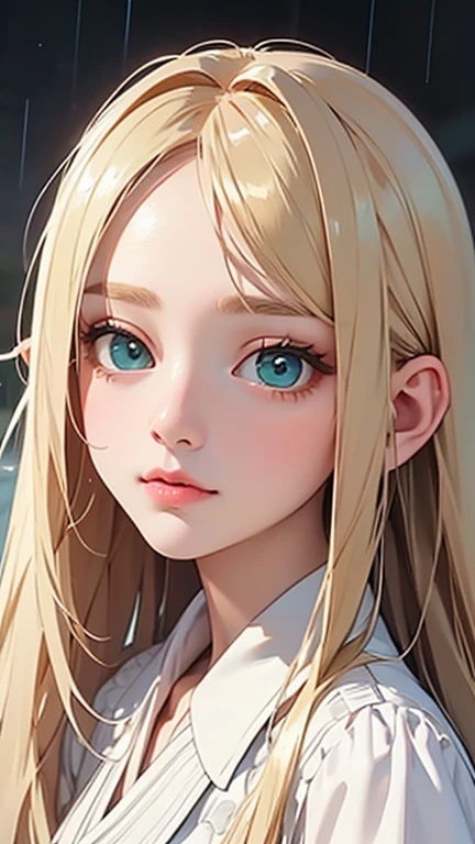 Highest quality、Realistic、girl、zoom、look up、cute、Emerald Eyes、Blonde、Straight hair、Long Hair、Please comb your hair、White blouse、Face close-up、thin、Soaked from head to toe、heavy rain、Bust Shot