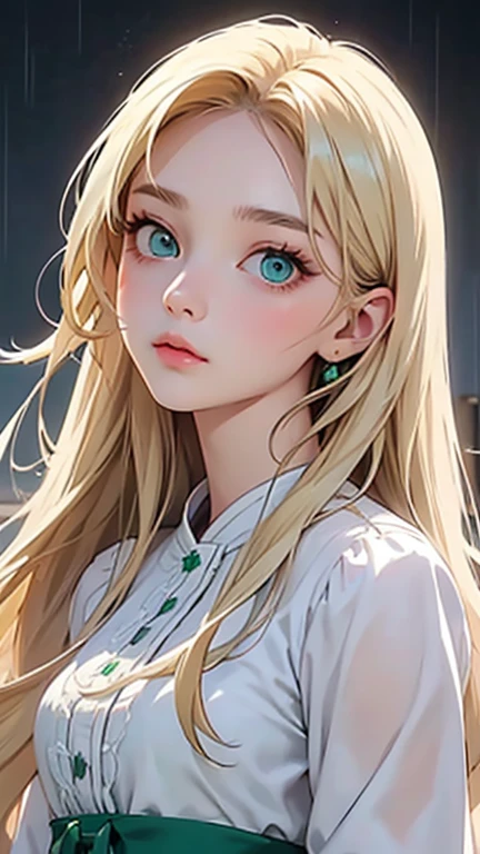 Highest quality、Realistic、girl、zoom、look up、cute、Emerald Eyes、Blonde、Straight hair、Long Hair、Please comb your hair、White blouse、Face close-up、thin、Soaked from head to toe、heavy rain、Bust Shot