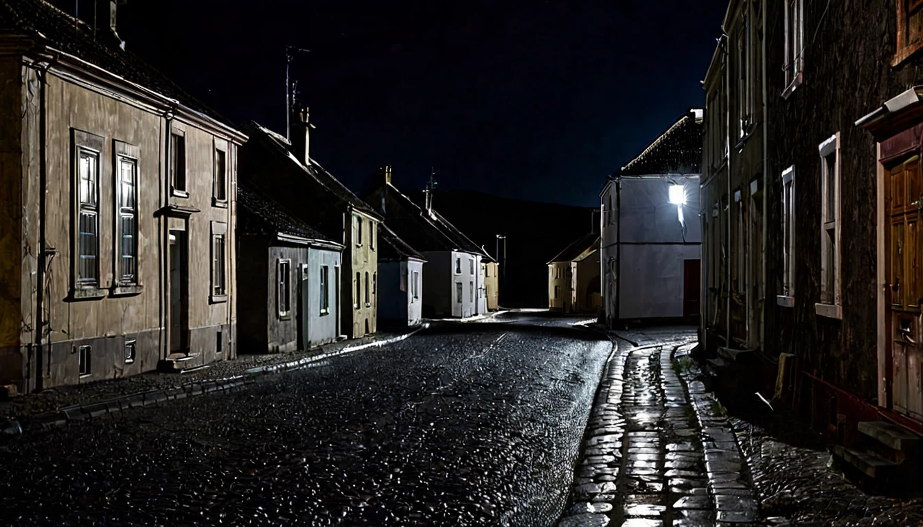 deserted street, several houses, dark night